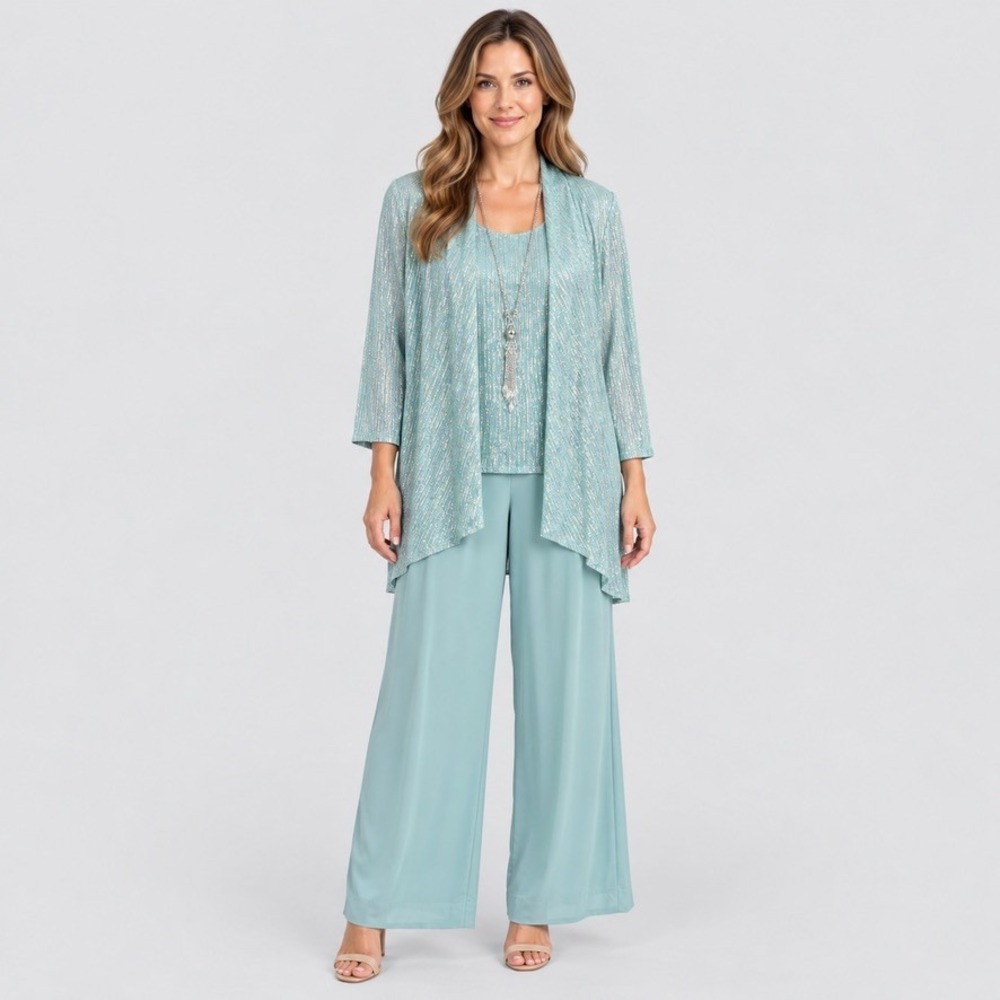 R&M Richards Womens 8 Light Blue 3pc Pant Suit Cardigan Metallic McBling Formal